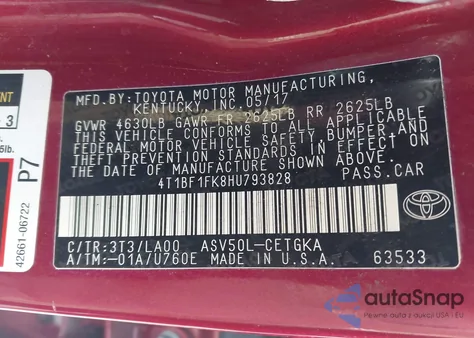 2017 Toyota Camry Xle из США, поврежденный, VIN 4T1BF1FK8HU793828